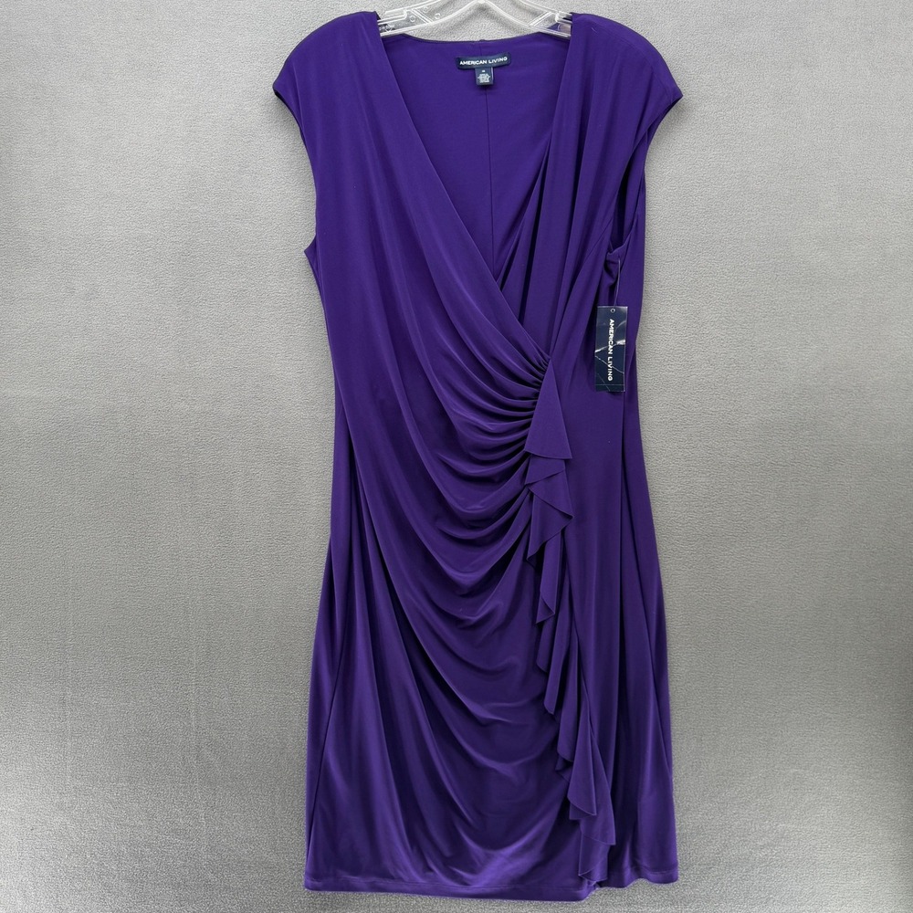 American Living Dress Purple Faux Wrap Ruffle Sheath Womens 16 Lined NEW